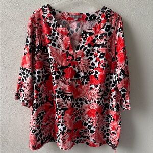 Jessica London Size 24W Tropical Linen Blend Orange 3/4 Sleeves Top Beach Cruise